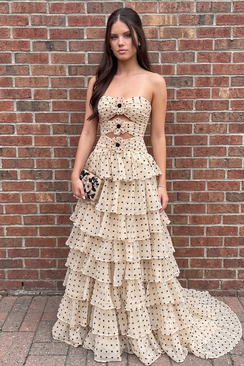 Load image into Gallery viewer, Champagne Polka Dots A Line Ruffled Cut Out Sweetheart Long Prom Dress with 3D Flowers