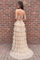 Load image into Gallery viewer, Champagne Polka Dots A Line Ruffled Cut Out Sweetheart Long Prom Dress with 3D Flowers