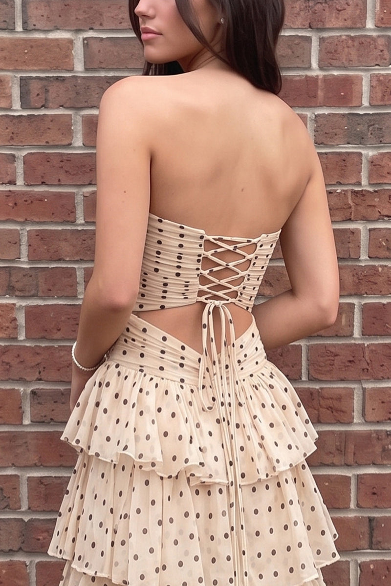 Load image into Gallery viewer, Champagne Polka Dots A Line Ruffled Cut Out Sweetheart Long Prom Dress with 3D Flowers