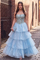 Load image into Gallery viewer, Sparkly Blue A Line Ruffled Beaded Strapless Long Prom Dress
