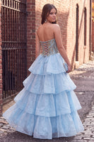 Load image into Gallery viewer, Sparkly Blue A Line Ruffled Beaded Strapless Long Prom Dress
