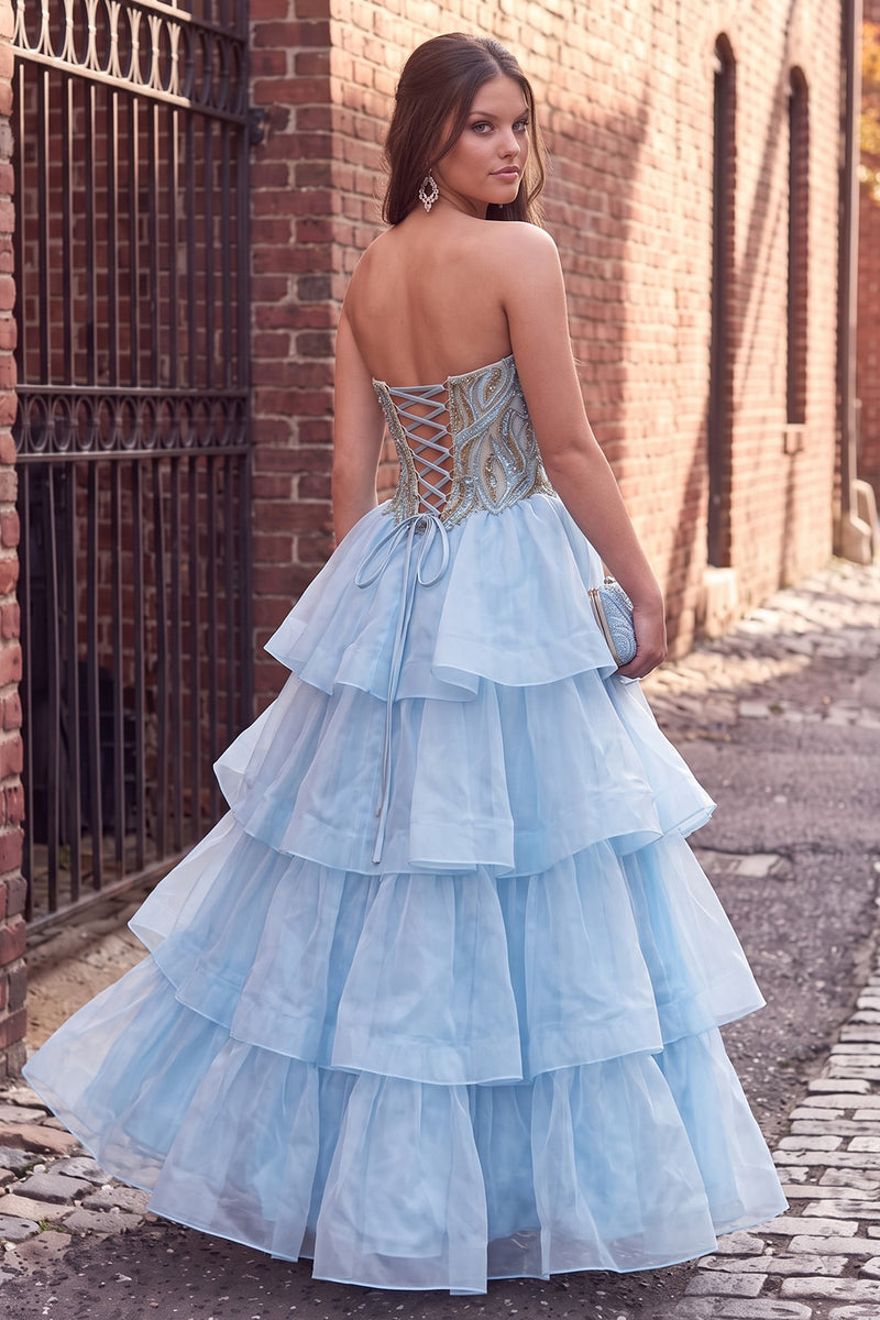 Load image into Gallery viewer, Sparkly Blue A Line Ruffled Beaded Strapless Long Prom Dress