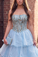 Load image into Gallery viewer, Sparkly Blue A Line Ruffled Beaded Strapless Long Prom Dress