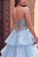 Load image into Gallery viewer, Sparkly Blue A Line Ruffled Beaded Strapless Long Prom Dress