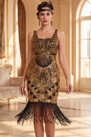 Load image into Gallery viewer, Bodycon Black Golden Sparkly Sequin Fringed Beaded V-Neck Midi 1920s Dress