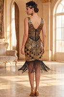 Load image into Gallery viewer, Bodycon Black Golden Sparkly Sequin Fringed Beaded V-Neck Midi 1920s Dress