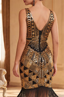 Load image into Gallery viewer, Bodycon Black Golden Sparkly Sequin Fringed Beaded V-Neck Midi 1920s Dress