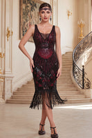 Load image into Gallery viewer, Bodycon Black Golden Sparkly Sequin Fringed Beaded V-Neck Midi 1920s Dress
