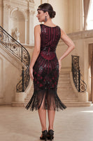 Load image into Gallery viewer, Bodycon Black Golden Sparkly Sequin Fringed Beaded V-Neck Midi 1920s Dress