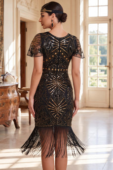 Tight Black Golden Sparkly Sequin Beaded Round Neck Midi 1920s Dress with Fringes