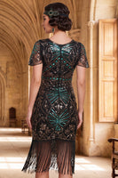 Load image into Gallery viewer, Tight Black Golden Sparkly Sequin Beaded Round Neck Midi 1920s Dress with Fringes