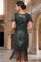 Load image into Gallery viewer, Tight Black Golden Sparkly Sequin Beaded Round Neck Midi 1920s Dress with Fringes