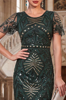 Load image into Gallery viewer, Tight Black Golden Sparkly Sequin Beaded Round Neck Midi 1920s Dress with Fringes