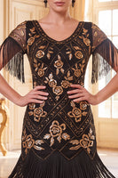 Load image into Gallery viewer, Sparkly Sequin Black Golden Bodycon Beaded V-Neck Midi 1920s Dress with Fringes