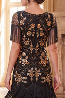 Load image into Gallery viewer, Sparkly Sequin Black Golden Bodycon Beaded V-Neck Midi 1920s Dress with Fringes