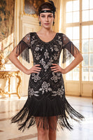 Load image into Gallery viewer, Sparkly Sequin Black Golden Bodycon Beaded V-Neck Midi 1920s Dress with Fringes