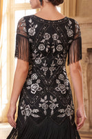 Load image into Gallery viewer, Sparkly Sequin Black Golden Bodycon Beaded V-Neck Midi 1920s Dress with Fringes