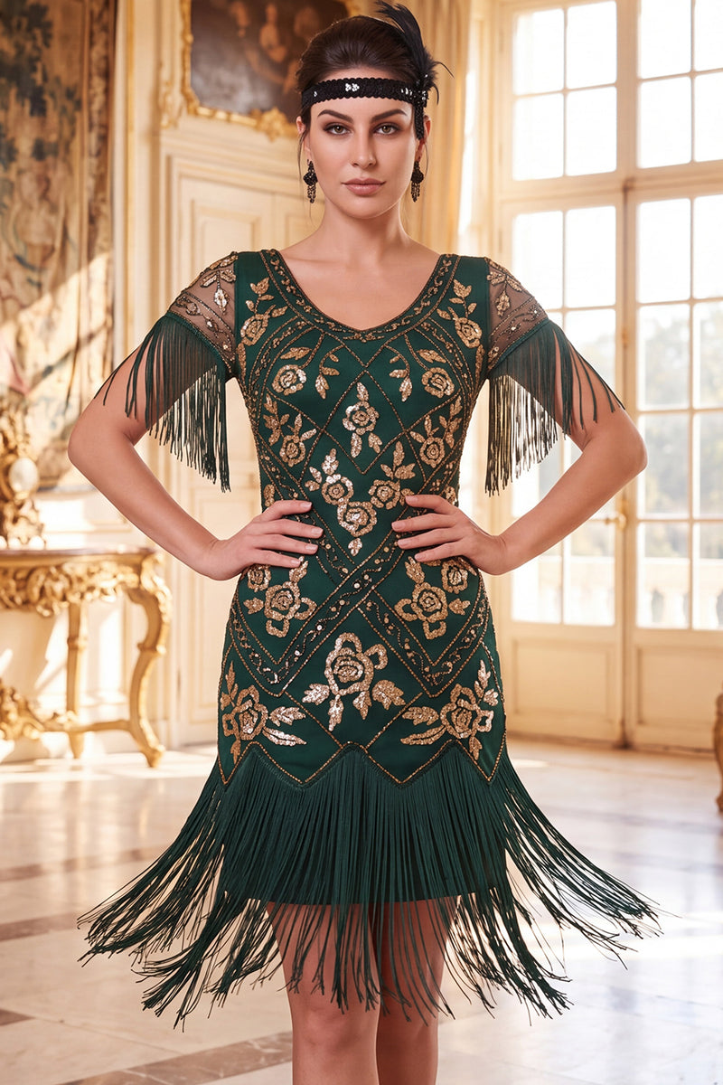 Load image into Gallery viewer, Sparkly Sequin Black Golden Bodycon Beaded V-Neck Midi 1920s Dress with Fringes