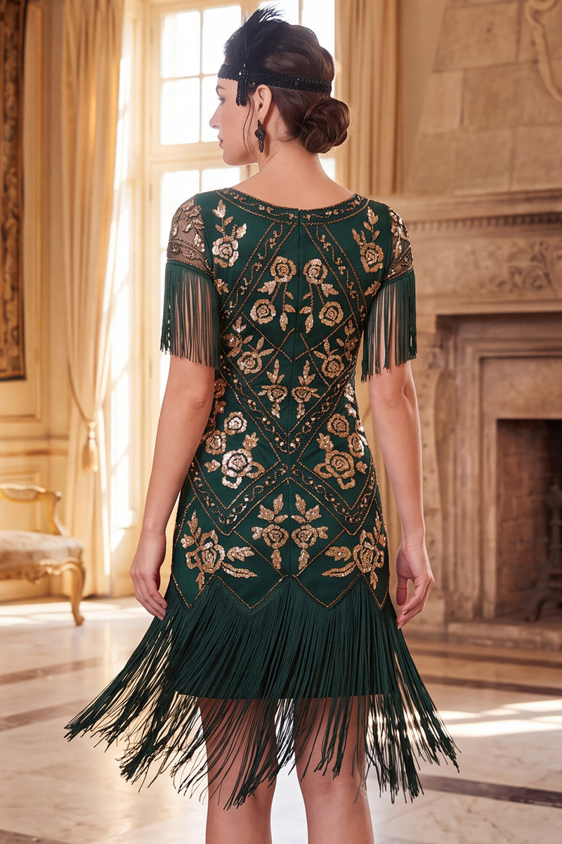 Load image into Gallery viewer, Sparkly Sequin Black Golden Bodycon Beaded V-Neck Midi 1920s Dress with Fringes
