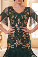 Load image into Gallery viewer, Sparkly Sequin Black Golden Bodycon Beaded V-Neck Midi 1920s Dress with Fringes