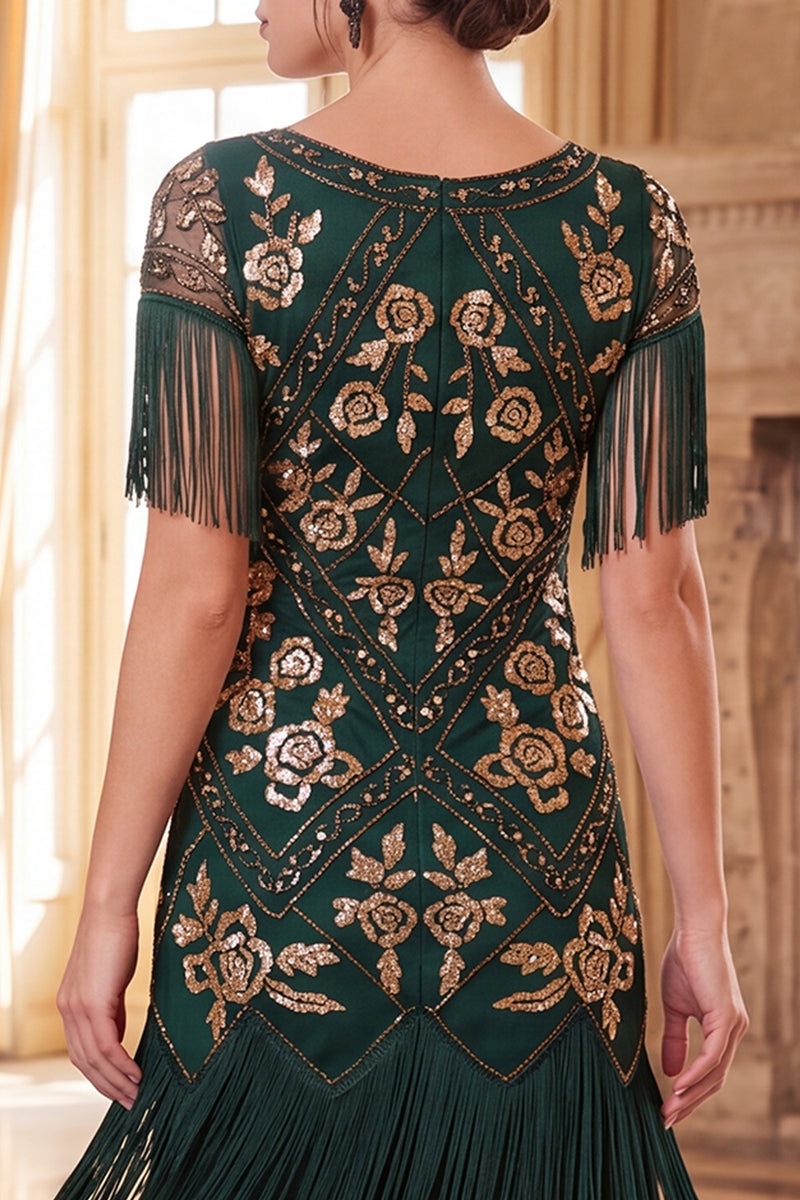 Load image into Gallery viewer, Sparkly Sequin Black Golden Bodycon Beaded V-Neck Midi 1920s Dress with Fringes