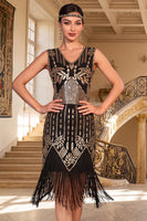 Load image into Gallery viewer, Black Golden Sparkly Sequin Beaded Tight V-Neck Midi 1920s Dress with Fringes