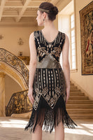 Load image into Gallery viewer, Black Golden Sparkly Sequin Beaded Tight V-Neck Midi 1920s Dress with Fringes