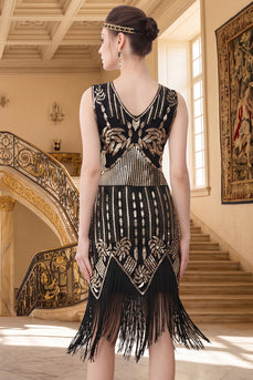 Black Golden Sparkly Sequin Beaded Tight V-Neck Midi 1920s Dress with Fringes