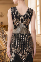 Load image into Gallery viewer, Black Golden Sparkly Sequin Beaded Tight V-Neck Midi 1920s Dress with Fringes