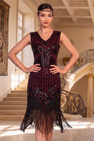 Load image into Gallery viewer, Black Golden Sparkly Sequin Beaded Tight V-Neck Midi 1920s Dress with Fringes