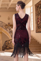 Load image into Gallery viewer, Black Golden Sparkly Sequin Beaded Tight V-Neck Midi 1920s Dress with Fringes
