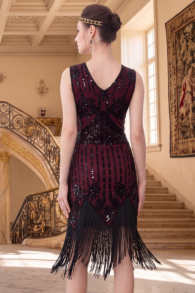 Load image into Gallery viewer, Black Golden Sparkly Sequin Beaded Tight V-Neck Midi 1920s Dress with Fringes