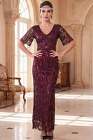 Load image into Gallery viewer, Sparkly Peacock Green Sheath Sequin V-Neck Long 1920s Dress with Sleeves