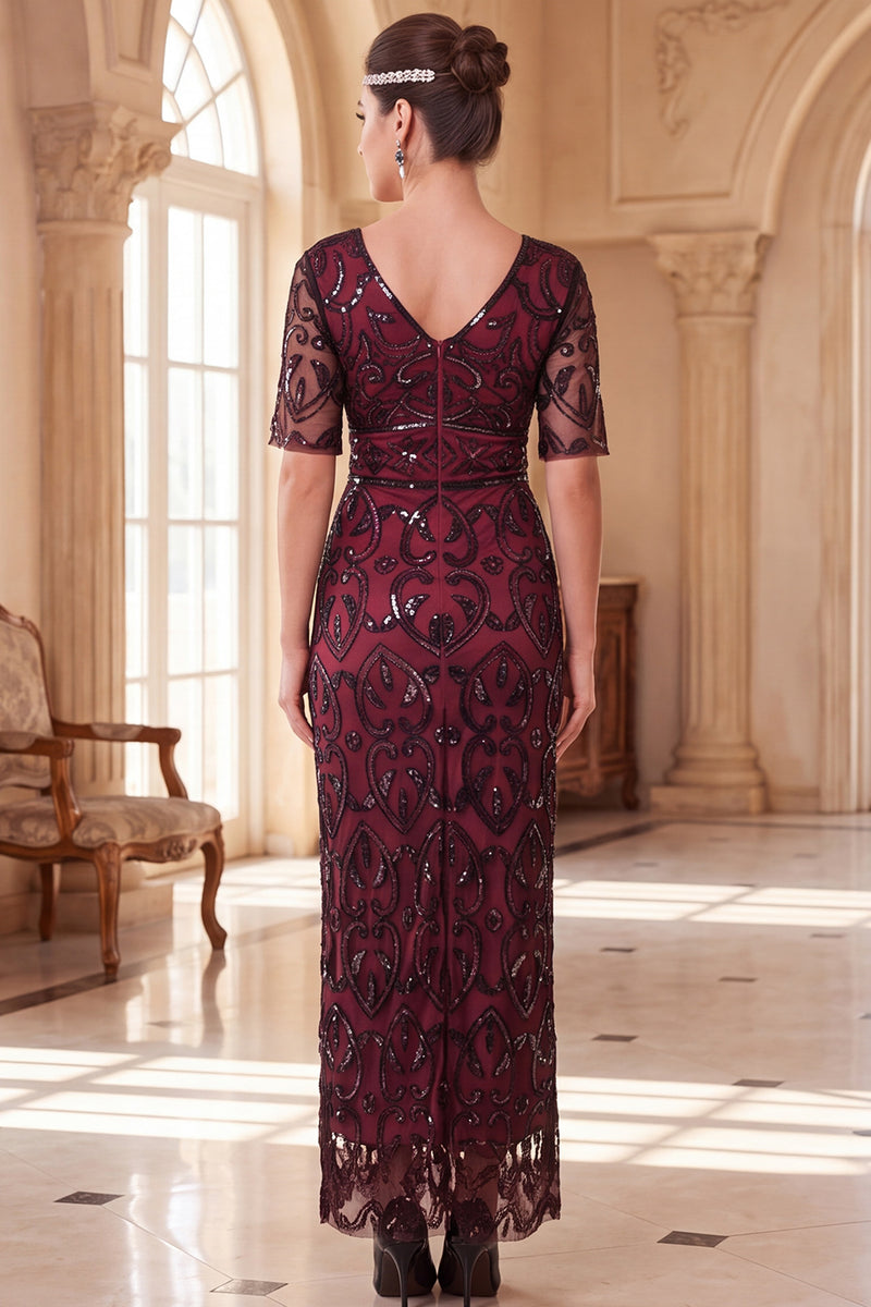 Load image into Gallery viewer, Sparkly Peacock Green Sheath Sequin V-Neck Long 1920s Dress with Sleeves