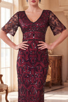 Load image into Gallery viewer, Sparkly Peacock Green Sheath Sequin V-Neck Long 1920s Dress with Sleeves