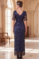 Load image into Gallery viewer, Sparkly Peacock Green Sheath Sequin V-Neck Long 1920s Dress with Sleeves