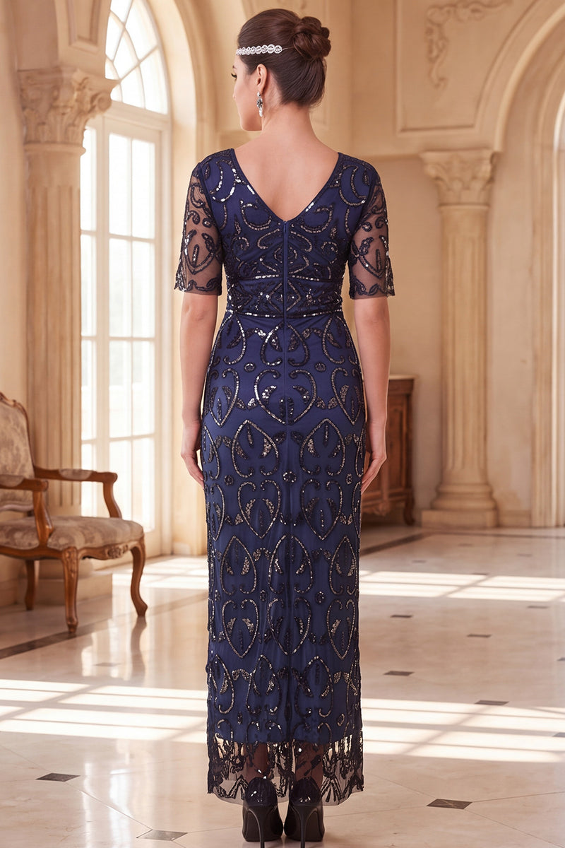 Load image into Gallery viewer, Sparkly Peacock Green Sheath Sequin V-Neck Long 1920s Dress with Sleeves