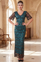 Load image into Gallery viewer, Sparkly Peacock Green Sheath Sequin V-Neck Long 1920s Dress with Sleeves