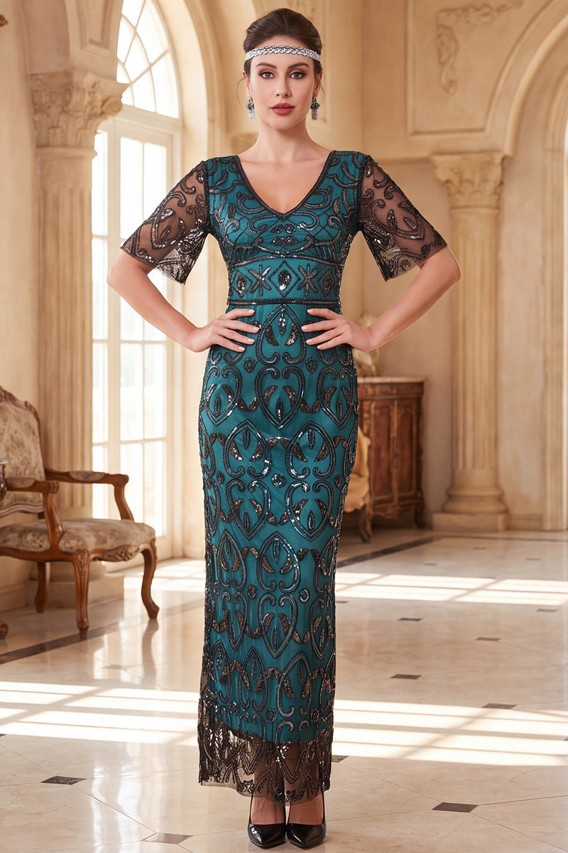 Load image into Gallery viewer, Sparkly Peacock Green Sheath Sequin V-Neck Long 1920s Dress with Sleeves