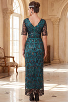 Load image into Gallery viewer, Sparkly Peacock Green Sheath Sequin V-Neck Long 1920s Dress with Sleeves