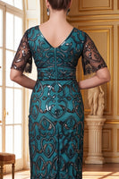 Load image into Gallery viewer, Sparkly Peacock Green Sheath Sequin V-Neck Long 1920s Dress with Sleeves