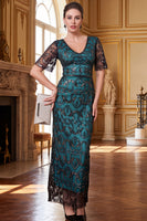 Load image into Gallery viewer, Sparkly Peacock Green Sheath Sequin V-Neck Long 1920s Dress with Sleeves