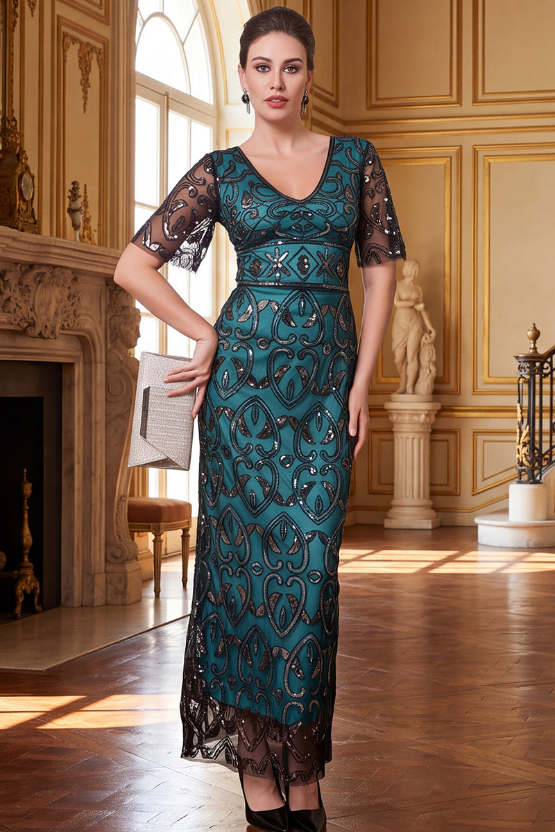 Load image into Gallery viewer, Sparkly Peacock Green Sheath Sequin V-Neck Long 1920s Dress with Sleeves
