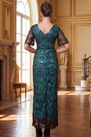 Load image into Gallery viewer, Sparkly Peacock Green Sheath Sequin V-Neck Long 1920s Dress with Sleeves