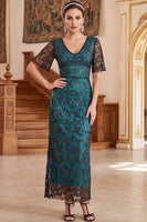 Load image into Gallery viewer, Sparkly Peacock Green Sheath Sequin V-Neck Long 1920s Dress with Sleeves