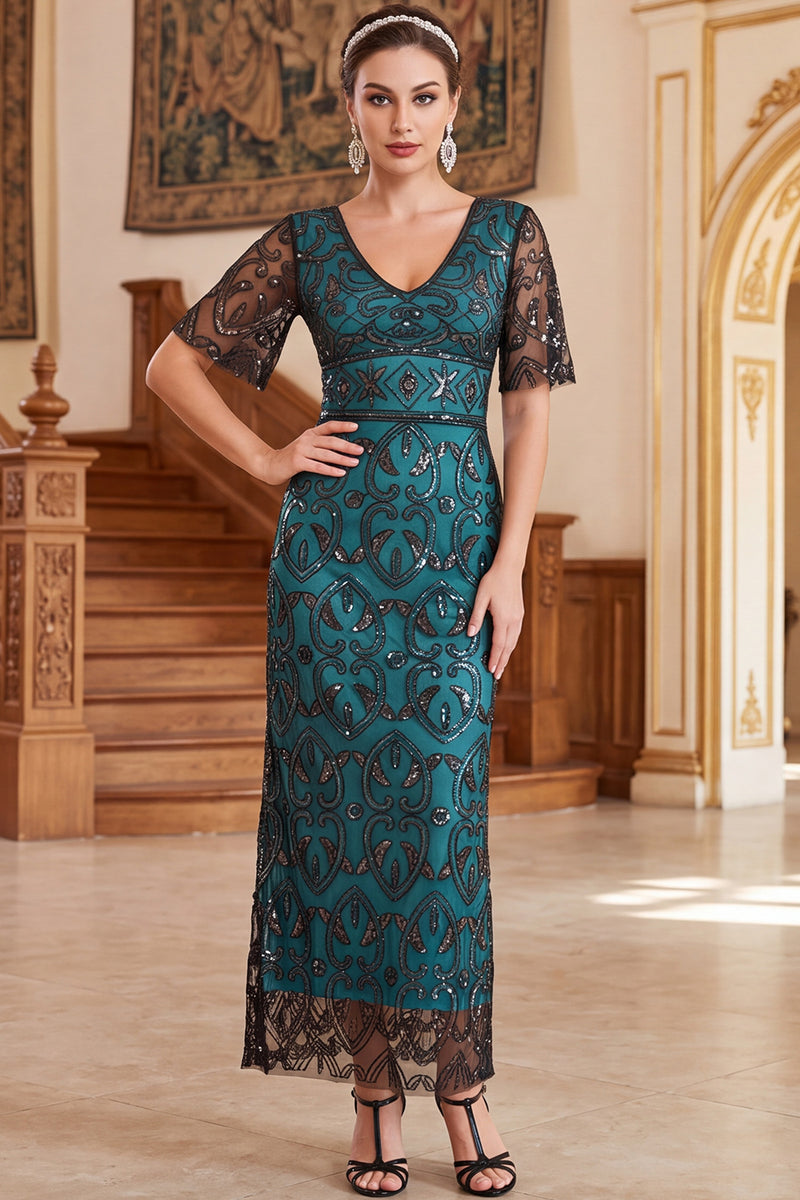 Load image into Gallery viewer, Sparkly Peacock Green Sheath Sequin V-Neck Long 1920s Dress with Sleeves