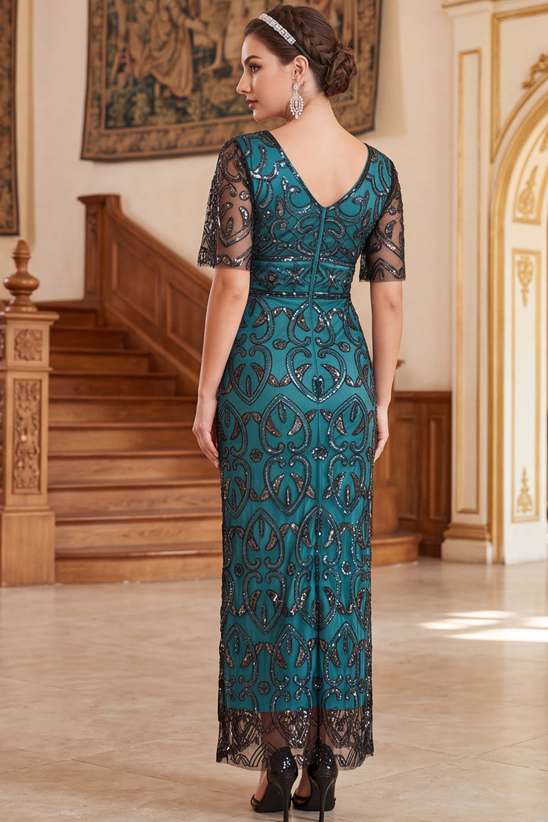 Load image into Gallery viewer, Sparkly Peacock Green Sheath Sequin V-Neck Long 1920s Dress with Sleeves