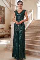 Load image into Gallery viewer, Sparkly Sequin Dark Green Sheath V-Neck Long 1920s Dress