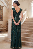Load image into Gallery viewer, Sparkly Sequin Dark Green Sheath V-Neck Long 1920s Dress