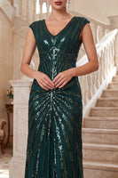 Load image into Gallery viewer, Sparkly Sequin Dark Green Sheath V-Neck Long 1920s Dress